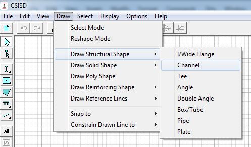 از Draw>draw Structural Shape ناودانی(Channel) را انتخاب و دو بار روی صفحه کلیک کنید. از Draw>draw Structural Shape ناودانی(Channel) را انتخاب و دو بار روی صفحه کلیک کنید.